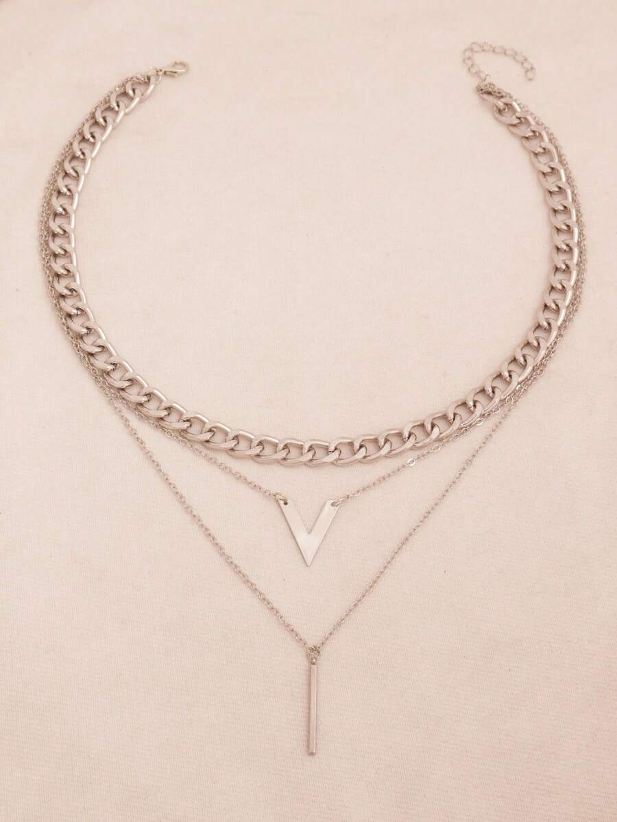 1 pieza Collar multicapa, cadena cubana gruesa con colgantes en forma de V y barra, joyería punk de hip-hop para mujer - Estilo 1 - Ver 1