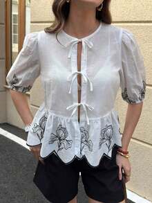 Blusa elegante con mangas abullonadas, lazo delantero y bordado, ideal para vacaciones o San Valentín - Gris - Ver 4
