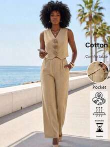 Conjunto de 2 piezas de chaleco y pantalones con flores 3D elegantes para mujer, mezcla de lino, adecuado para el uso diario y múltiples ocasiones, regalo para mamá, conjunto de lino de verano para mujer con pantalón de pierna ancha y chaleco sin mangas - Negro - Ver 10