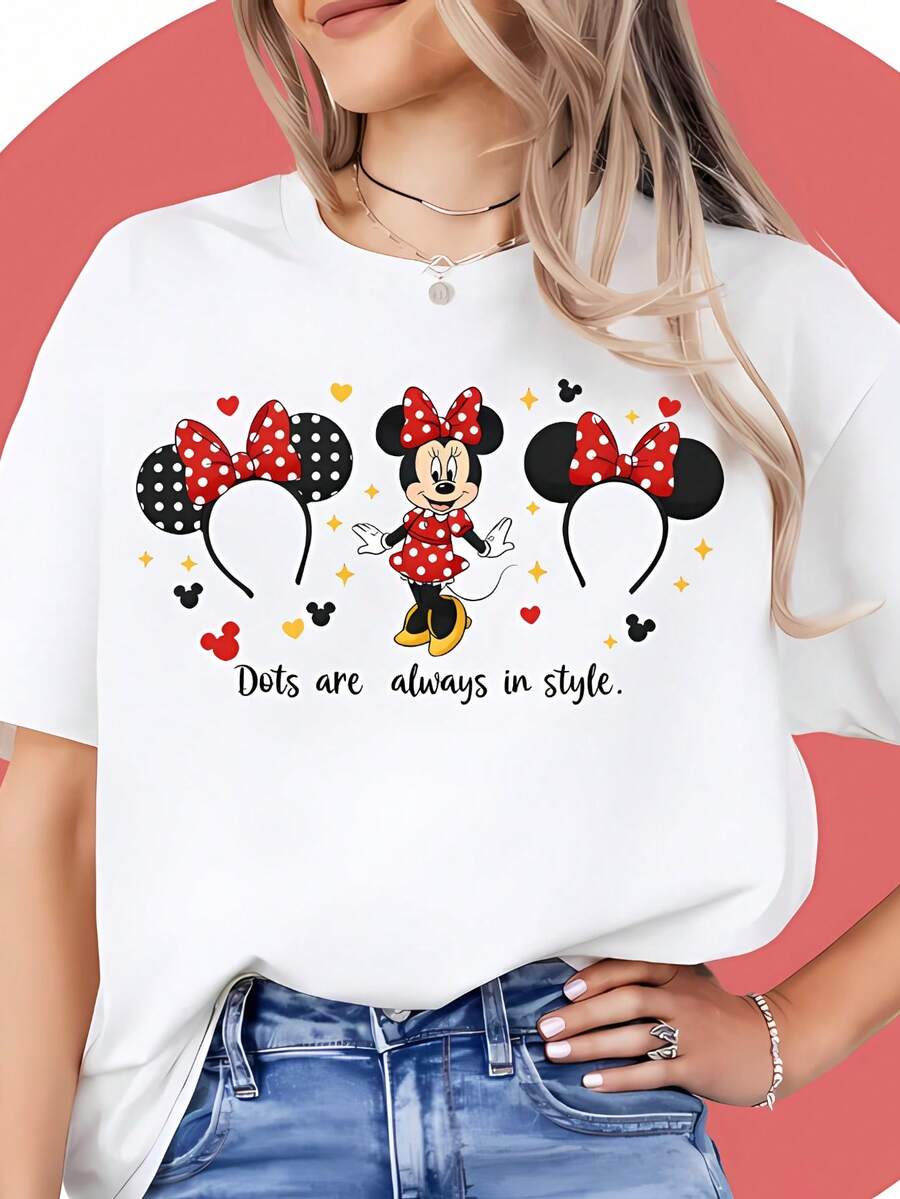 Disney Minnie Mouse Polka Dot Headband "Dots Are Always In Style" Graphic T-Shirt For Women, Breathable Cotton Crew Neck Tee, Casual Summer Tops De Mujer, Theme Park Vacation Outfits Women, Soft Summer Outfits For Women, Cute Retro Print Short Sleeve Tops - trắng - Xem 1