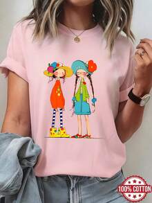 Camiseta de Mujer con Estampado Floral Fresco, Camiseta Corta de Manga Corta con Cuello Redondo 100% Algodón para Mujer, Camiseta Transpirable de Primavera/Verano/Otoño, Adecuada para Atuendos Casuales, Camiseta de Mujer de Manga Corta con Cuello Redondo - Rosa - Ver 6