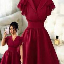 Nana's Women's Clothing Store  Nuevo vestido corto casual, versátil y elegante para mujer con diseño de manga con volantes de parche de unicolor reversible de gasa con cordón en la cintura - Burdeos - Ver 2