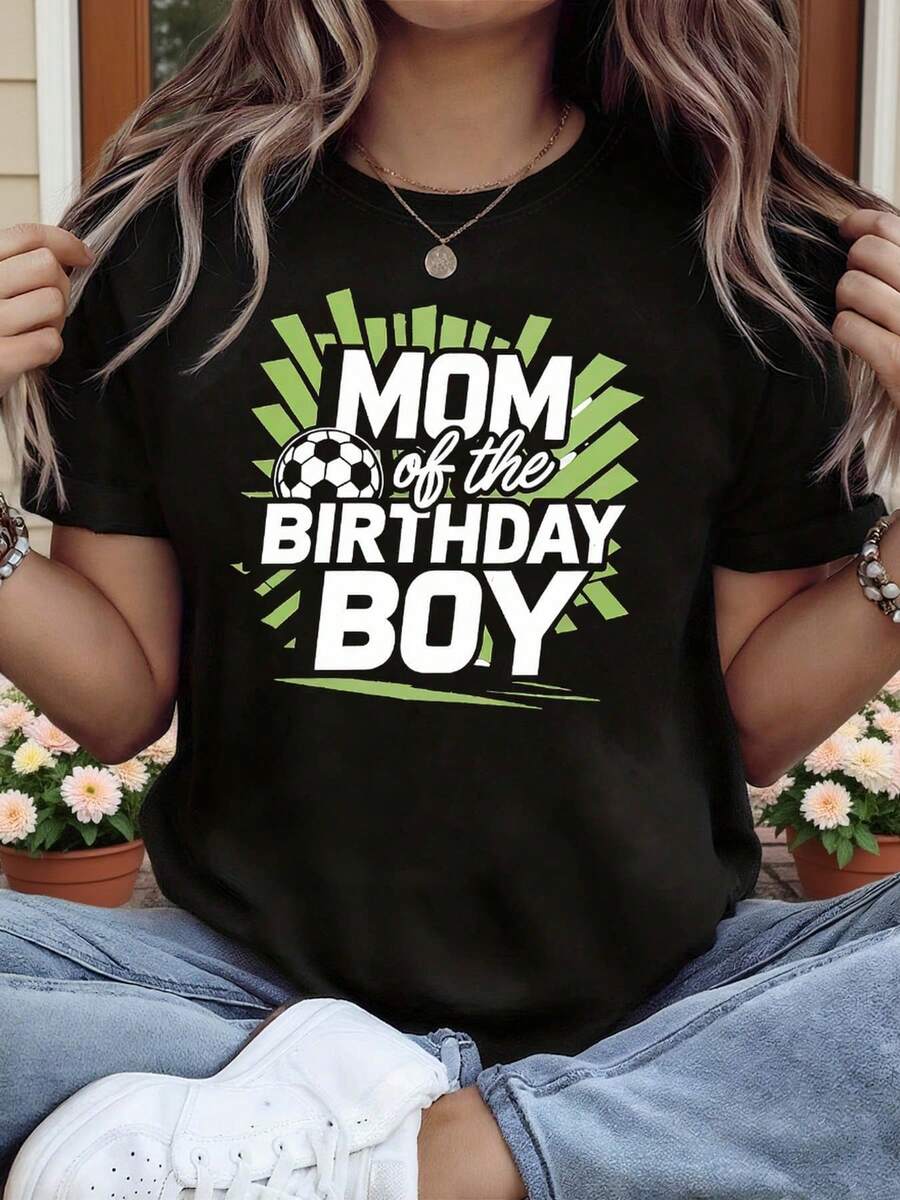 Camiseta de cumpleaños para mamá con estampado temático de fútbol americano, de manga corta y cuello redondo para mujer, para primavera-verano, casual, para uso diario y como regalo festivo - Negro - Ver 1