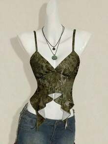 Top informal de tirantes con escote en V, dobladillo con volantes y estampado floral rosa para vacaciones' - Multicolor 5 - Ver 7