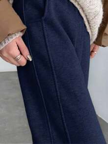 YI XUAN Pantalones anchos con forro térmico para mujer, pantalones rectos casuales térmicos de plátano cálidos para invierno - Azul marino - Ver 3
