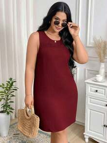 Vestido corto sencillo sin mangas de cuello redondo de unicolor para mujer talla grande - Burdeos - Ver 5
