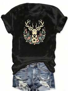 Camiseta con Estampado Gráfico de Ciervo y Flores, Manga Corta, Cuello Redondo, Estilo Casual para Verano y Primavera, Ropa de Tallas Grandes para Mujer - Negro - Ver 3