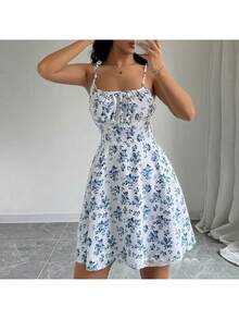 Vestido corto de tirantes con estampado floral, estilo vacacional francés, nueva colección verano 2026, modelo elegante para mujer - impresión - Ver 2