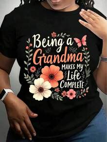 Women's "Being A GRANDMA" Graphic Print T-Shirt - Short Sleeve, Crew Neck, Casual Style With Floral And Butterfly Design, Soft Gray, Loose Fit, Machine Washable, All-Season Comfort, Grandma T-Shirts, Com - 黑色 - 查看 5