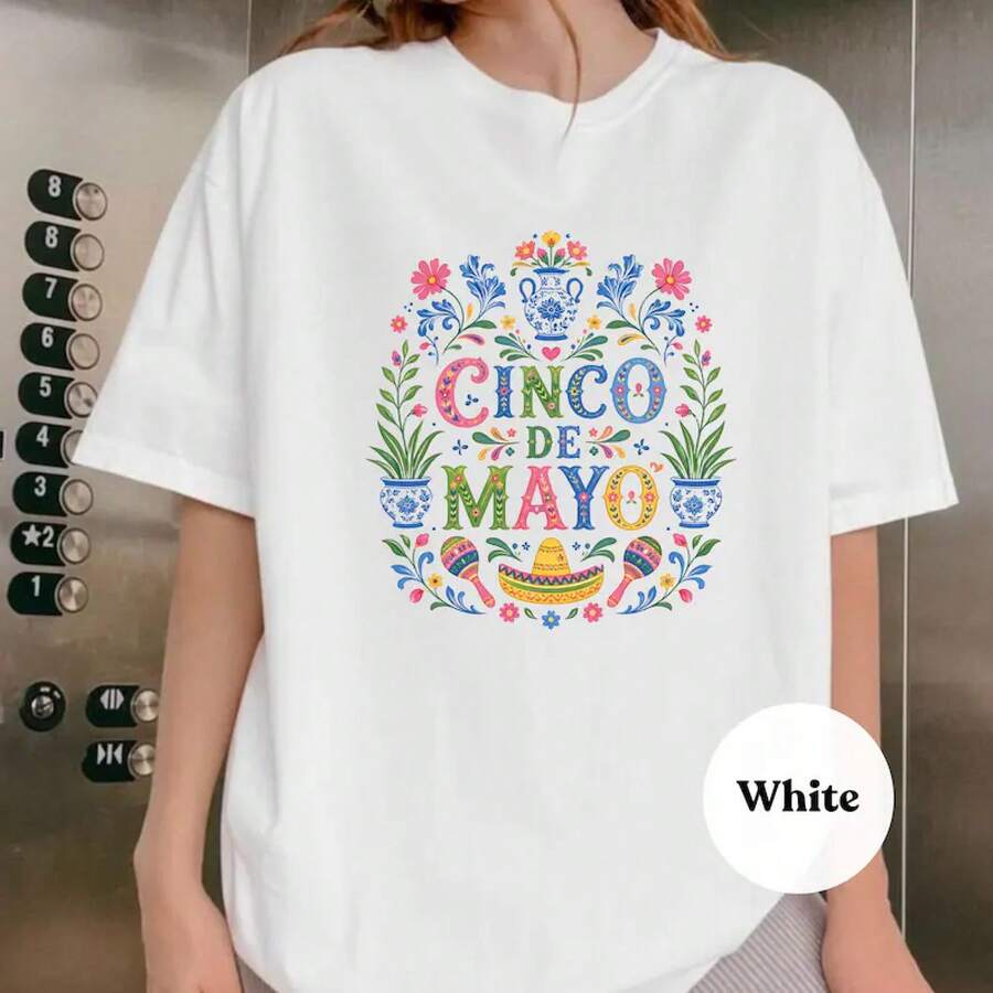 Camisa Cinco de Mayo, Camisa de Mexicana, Camisa con Arte Folclórico Floral deéxico, Camiseta para del Cinco de Mayo, Atuendo de - Blanco - Ver 1