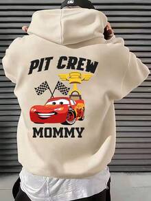 Disney Cars Lightning McQueen "Pit Crew Mommy" Graphic PrintUnisex Loose-Fitting Casual Top - Autumn/Winter Hooded Sweatshirt With Drawstring Hood, Machine Washable, Men's Clothing - 杏色 - 查看 1
