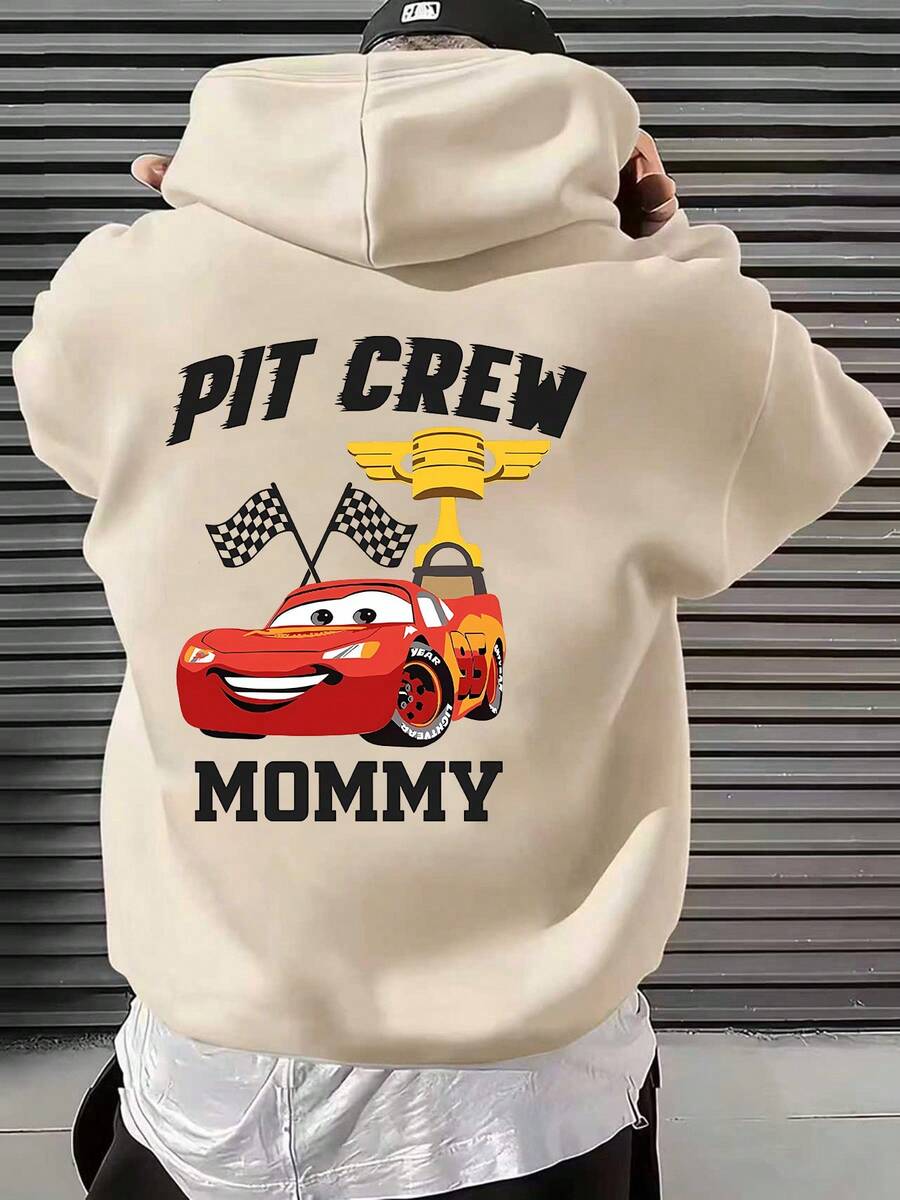 Disney Cars Lightning McQueen "Pit Crew Mommy" Graphic PrintUnisex Loose-Fitting Casual Top - Autumn/Winter Hooded Sweatshirt With Drawstring Hood, Machine Washable, Men's Clothing - 杏色 - 查看 1