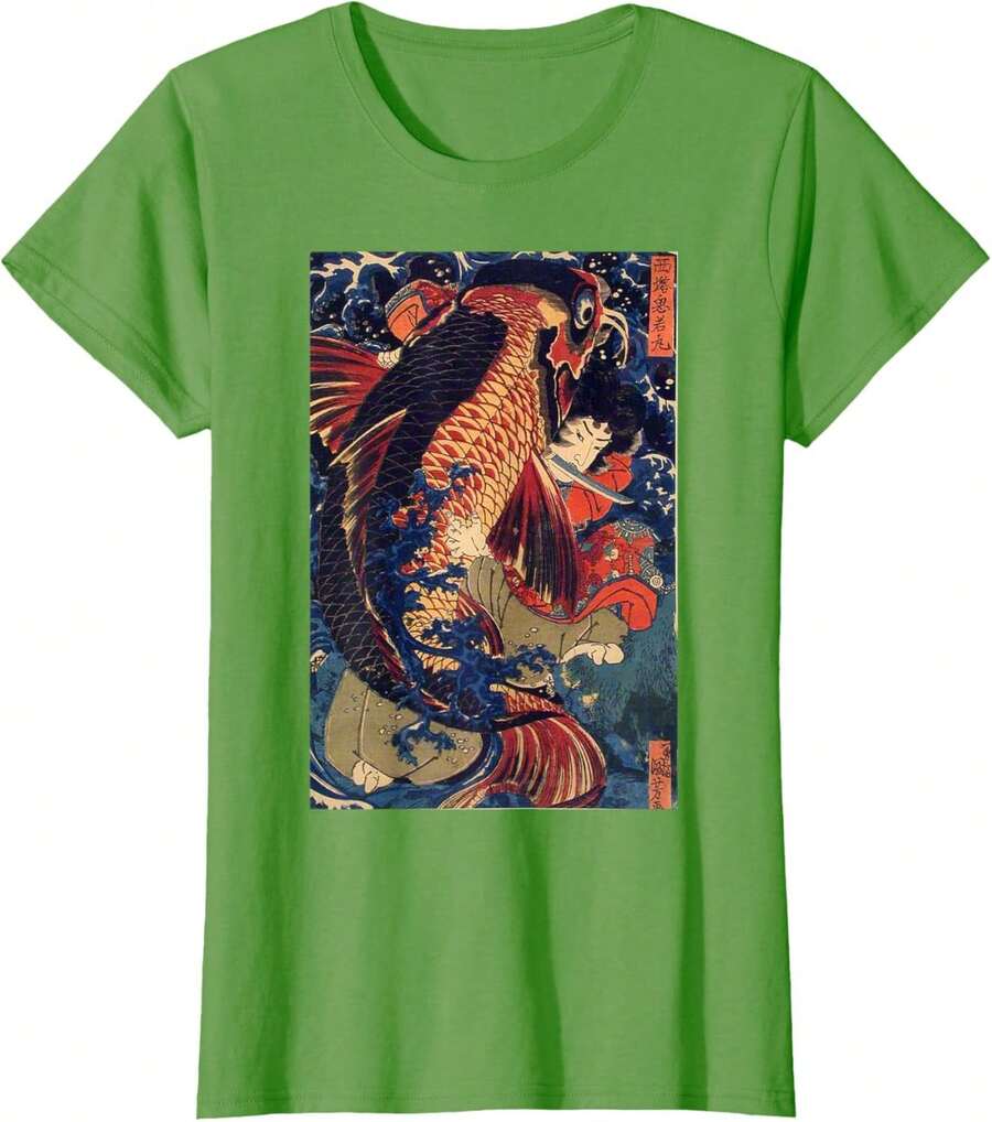 Japanese Fighting The Giant Carp T-Shirt - 草 - 查看 1