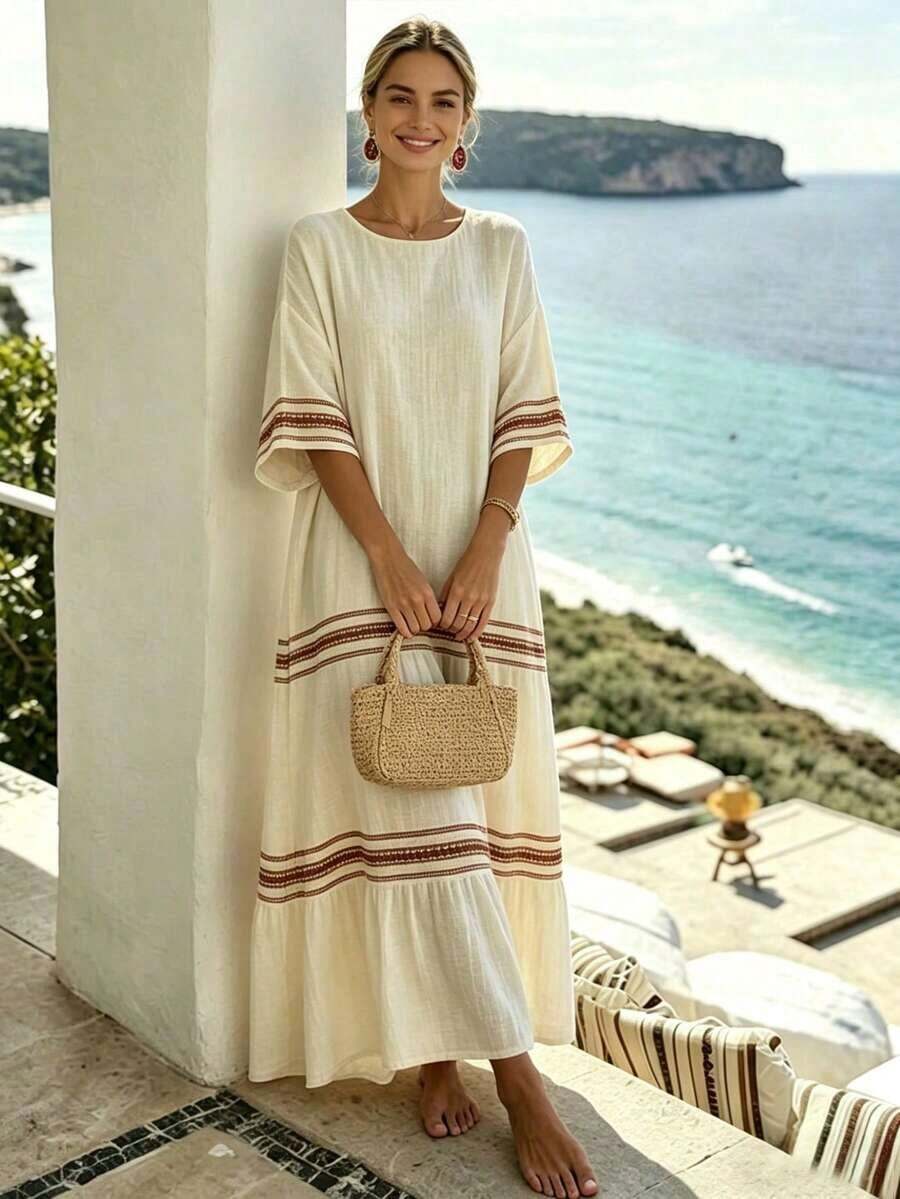 Holidaya Vestido de mujer casual de vacaciones de cuello redondo y manga corta con estampado de rayas en color albaricoque de tejido arrugado: Vestido de vacaciones para mujer, vestido color albaricoque, vestido de rayas, vestido casual, vestido de vacaciones para mujer. Vestido de playa, vestido de verano de isla, vestido elegante, vestido largo de outfit de verano, vestido de playa - Negro - Ver 1