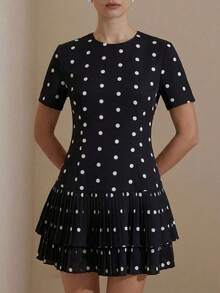 Versatile Casual Dress For Women With Round Neck, Fitted Waist, Short Sleeves, Black And White Polka Dot Print, Layered Ruffle Hem And Matching Silhouette - 黑色 - 查看 5