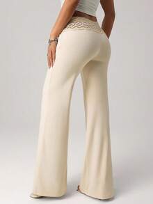 New Women's Long Pants, Casual Loose Straight Leg Trousers With Adjustable Drawstring Belt And Beads, Casual Long Pants With Lace Appliques, Suitable For Back To School, Graduation Ceremony, Back To School Outfits, Suitable For Daily Wear, Outdoors, Shopping, Gentle On Skin And Comfortable - 淺黃色 - 查看 5