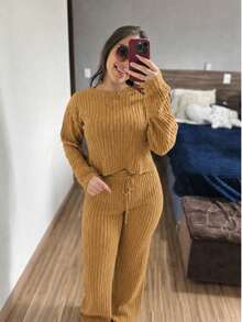 Comfortable Ribbed Mousse Knit Set For Autumn/Winter, Casual And Basic - 駝色 - 查看 1