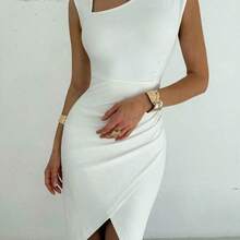YijiaNvz  Vestidos midi para mujer, modestos, ropa de mujer para otoño, casual de negocios, estilo old money, atuendos de campo, blusas para salir, atuendo de viaje para el aeropuerto, de vuelta a la escuela, vestidos blancos, vestido asimétrico de unicolor con cuello plisado sin mangas y cintura esbelta de longitud media, vestido maxi blanco, atuendo de invitada de boda, cita de San Valentín, vacaciones, uso diario - Blanco - Ver 8