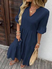Vestido casual de unicolor con escote en pico para vacaciones de mujer - Azul marino - Ver 3