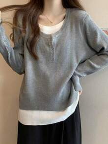レディース 重ね着風 トップス フェイクレイヤード ロンT ヘンリーネック リブ ニットソー カットソー 長袖 プルオーバー ゆったり 体型カバー 着痩せ 華奢見え 二の腕カバー 配色 切り替え バイカラー 大人可愛い きれいめ カジュアル オフィスカジュアル ワンマイルウェア デイリー 普段使い 春 秋 冬 骨格ウェーブ 骨格ストレート 20代 30代 40代 シンプル ベーシック 無地 グレー ホワイト 洗濯機OK ストレッチ 柔らかい - ブラック - チェックする 2