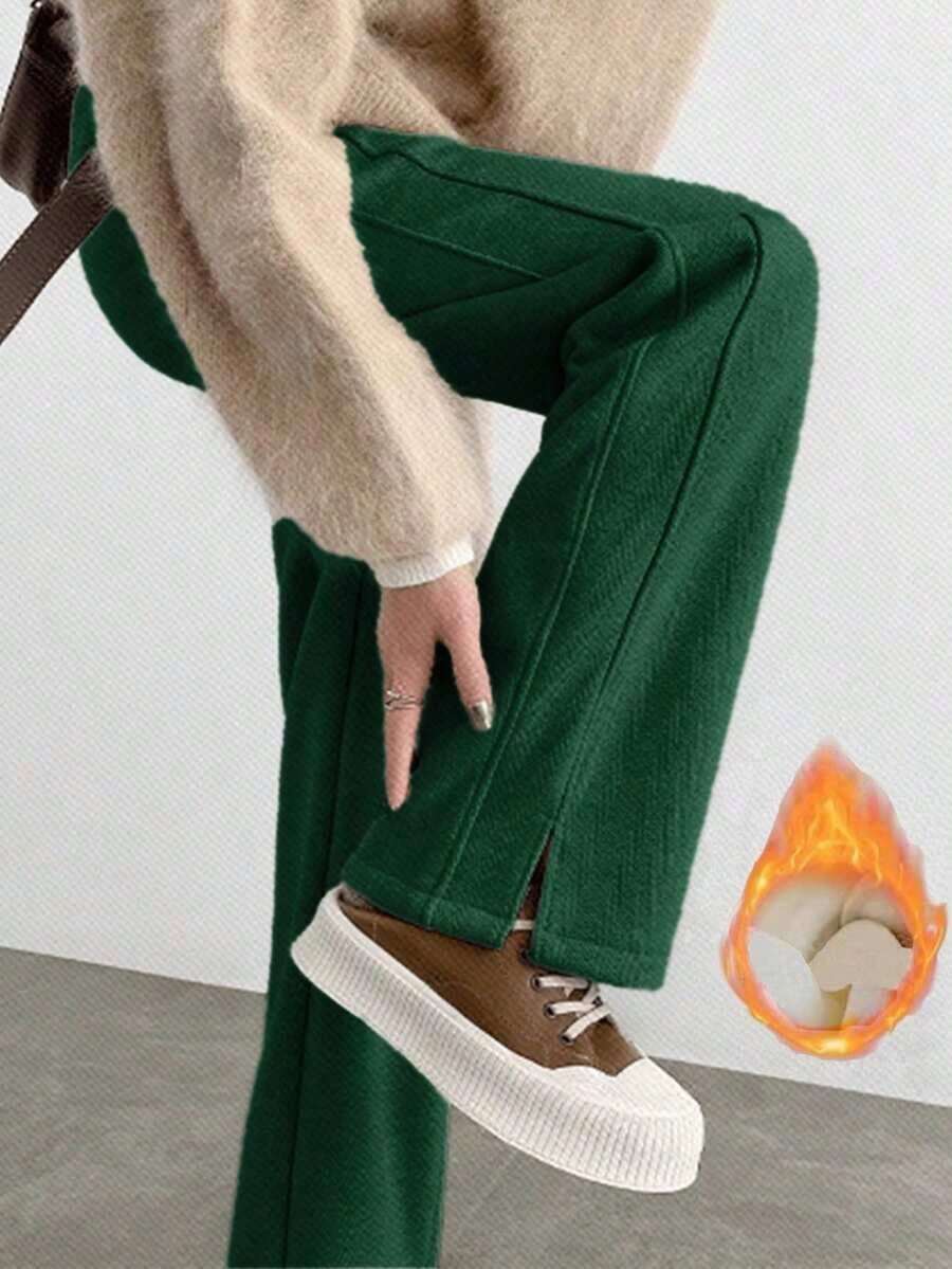 YI XUAN Pantalones anchos con forro térmico para mujer, pantalones rectos casuales térmicos de plátano cálidos para invierno - Verde Oscuro - Ver 1