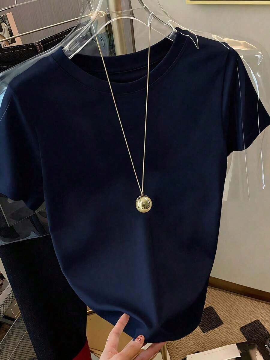 Camiseta de mujer casual de unicolor con cuello redondo y manga corta - Azul marino - Ver 1