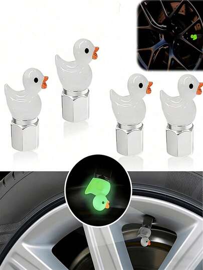 4pcs Cute Glowing Duck Tire Valve Caps, Universal Automotive Motorcycle Bicycle Tire Valve Stem Covers Decor