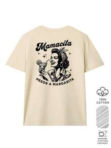 Camiseta gráfica retro estadounidense "Mamacita Needs A Margarita" para mujer, 100% algodón de tela suave y transpirable, corte holgado, estilo casual de vacaciones de manga corta, adecuada para salidas con amigos, viajes a la playa, fiestas temáticas, transporte diario en verano - Albaricoque 2 - Ver 2