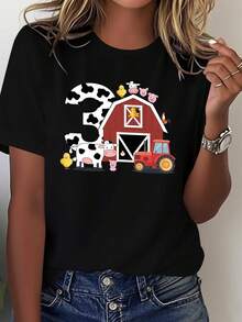 Women's Solid Color T-Shirt With Farm And Barn Animal Prints - Cute Cow, Chicken, Sheep And Tractor Prints, Casual Short Sleeve Blouse In Gray With Number 3 Design, Suitable For Country Style Outfits, Casual Blouse For Women For All Seasons. - 黑色 - 查看 1
