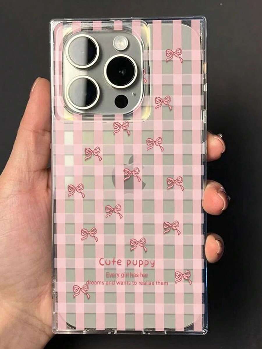 1 khối lập phương pha lê trong suốt lỗ lớn [Nơ kẻ caro hồng] Tương thích với iPhone 11-17 Pro Max - Hồng - Xem 1