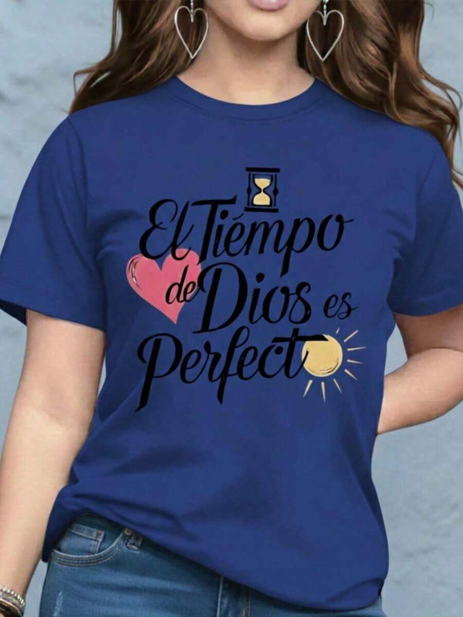 Women's Graphic Print T-Shirt Blouse, Casual Style, Love Print, Couples, Heart, February, Regular Fit, Soft Material, Crew Neck, Short Sleeves, Everyday Wear, Day Or Night, Street Style, Home, Comfortable, Cool, Lightweight, Modern, Youthful, Urban Aesthetic, Spring, Summer, Beach, Heat, Y2K, Feminine, Religious Phrase, God's Timing Is Perfect, Christian Lettering, Heart - 皇家藍配黑色 - 查看 1