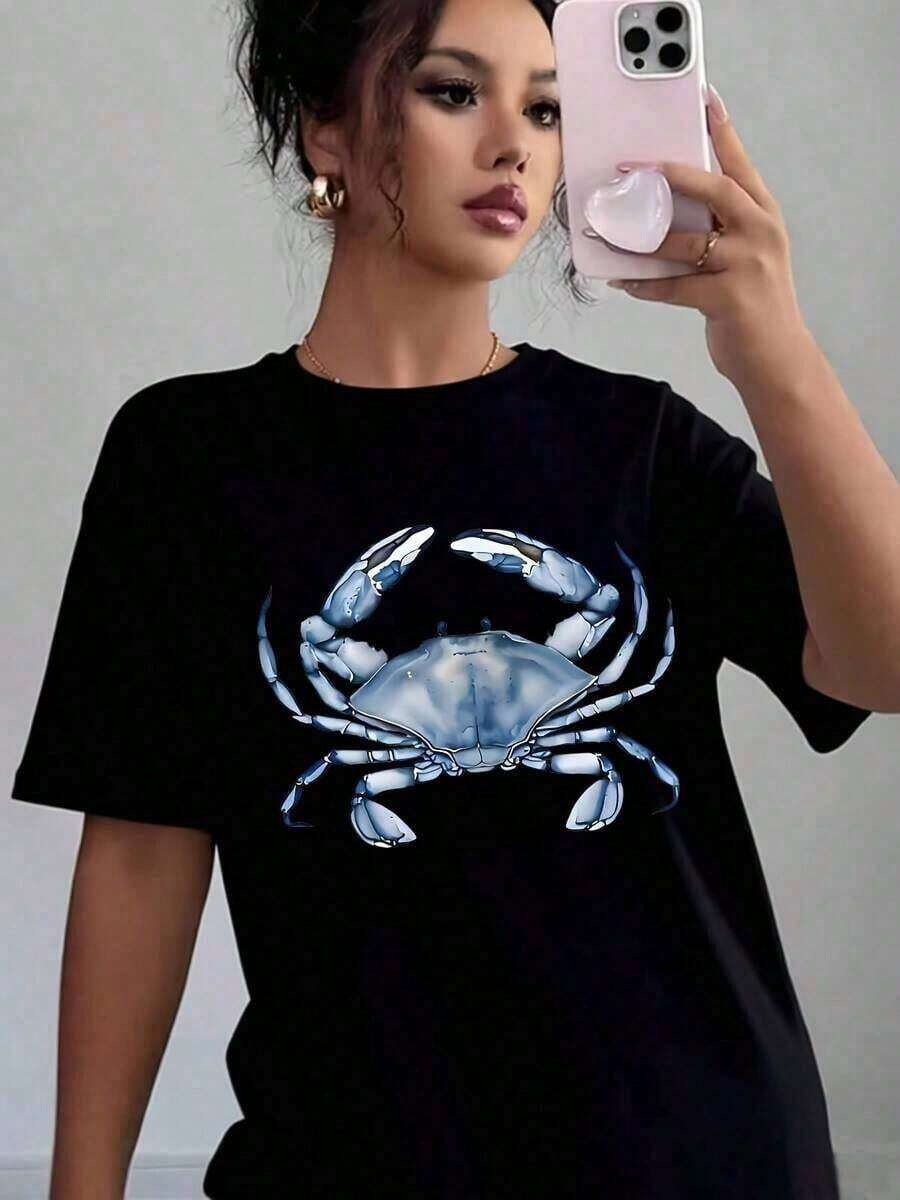 1 pieza de camiseta casual para mujer con estampado de cangrejo azul, suave y cómoda, regalo para cumpleaños, Navidad, vacaciones, 180g, 100% algodón. - Negro - Ver 1