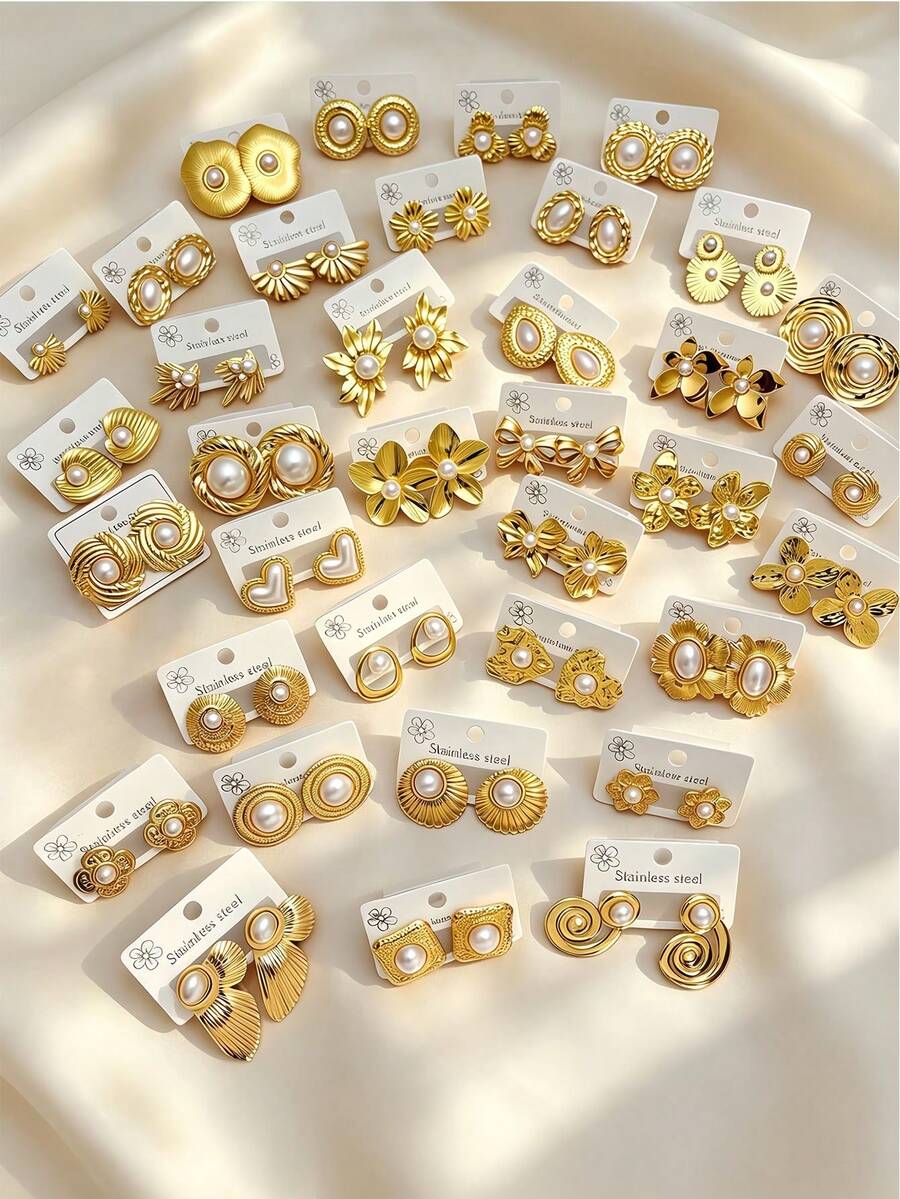 70pcs/35pairs - A Set Of Exquisite And Elegant Pearl Earrings, Suitable For Women To Wear, Including Thick And Bold Gold Earrings Decoration, With Beautiful Flower, Gold Drop, Hoop And Asymmetrical Geometric Patterns In Multiple Styles, Can Be Matched According To Different Occasion Needs. - Random Earring Set - View 1