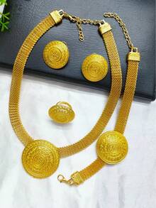 Bộ trang sức mặt dây chuyền tròn mạ vàng dành cho nữ - Dây chuyền, vòng tay, nhẫn, bông tai, phù hợp cho cô dâu Ả Rập Xê Út, Châu Âu và Mỹ, Dubai, Châu Phi, váy cưới, quà tặng Ngày của Mẹ, mùa cưới, Ngày Valentine, quà sinh nhật cho mẹ, bạn gái - Vàng - Xem 2