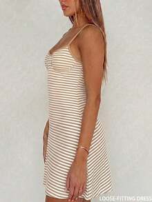 Vestido mini con tirantes finos y rayas, sexy y de moda, versátil para vacaciones, nueva llegada de primavera/verano - Amarillo claro - Ver 6