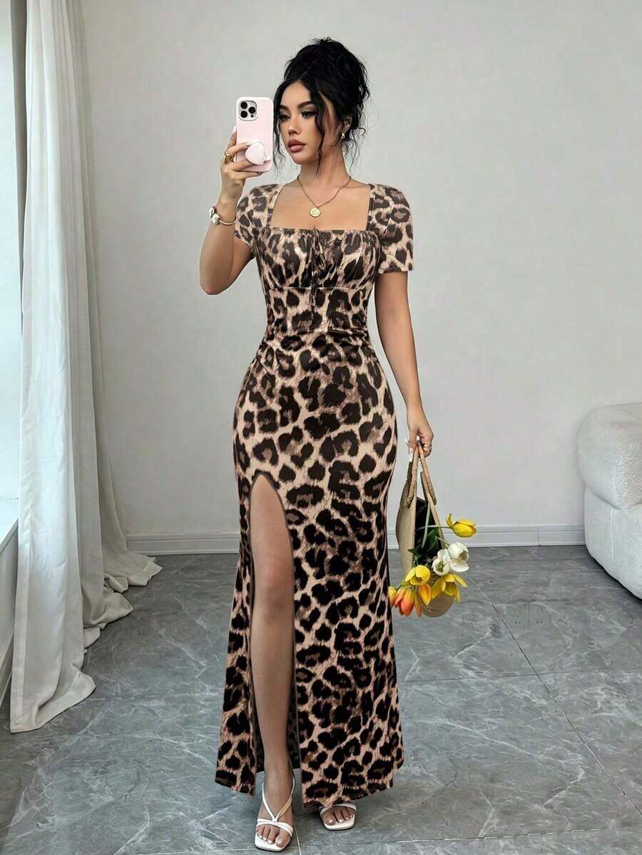 Vestido de verano de manga corta para mujer, vestido de vacaciones con estampado digital, vestido de playa y vacaciones con bajo con abertura, vestido largo con fruncido en la cintura - Marrón - Ver 1