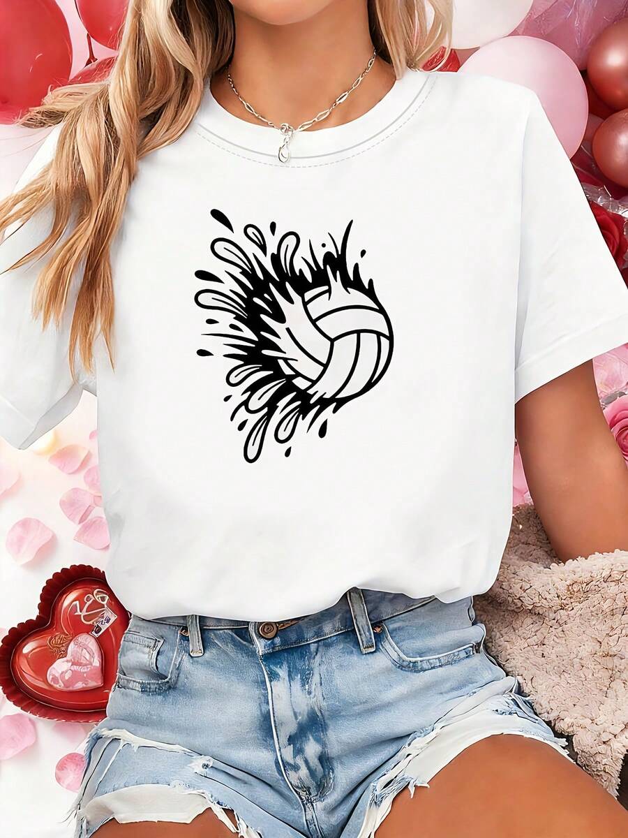 Camiseta de talla grande con estampado gráfico inspirado en voleibol de playa y voleibol acuático, camiseta blanca de manga corta y cuello redondo estampada - Lavable a máquina, adecuada para primavera, verano y otoño, estilo casual, ajuste cómodo, diseño de moda, versátil para uso diario, tela - Negro - Ver 1