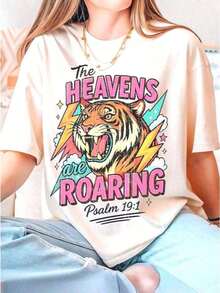 Camisetas de Verano para Mujer, Camisetas Retro con Diseño Cristiano: "Los Cielos Rugen", Camisetas Gráficas Divertidas para Hombres y Mujeres, Cuello Redondo, Camisetas Casuales Holgadas, Camisetas para Mujer, Ropa de Uso Diario para Mujer, Suaves - Blanco - Ver 1