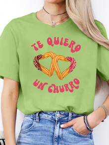 Women's Casual Blouse With Spanish Letter Print, Spring/Summer Casual T-Shirt, Short Sleeve Sports T-Shirt With Round Neck, Cotton Tops For Women. - 綠色 - 查看 7