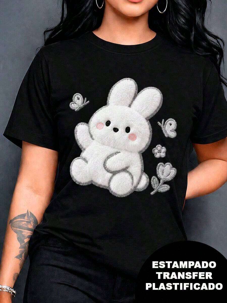Breathable Printed T-Shirt With A Rabbit Design, Plush Effect And Embroidery (But It's A Print), Colorful, Modern, Casual T-Shirt, Round Neck, Short Sleeves, Ideal For Everyday Wear, Loose Fit, Fashionable, For Daily Use, Elegant Blouses For Women, Women's Sportswear, Women - 黑色 - 查看 1