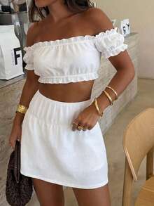 Vellofy Women's Summer White Off-Shoulder 2-Piece Set, Frill Trim Crop Top Paired With A-Line Mini Skirt, Casual Beach Holiday Outfit - White - View 2