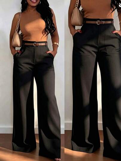 Pantalones casuales de cintura alta y pierna recta de moda para mujer, color negro