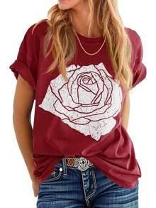 Women's T-Shirt With Rose Print, Loose Fit, Short Sleeve Summer Top, Casual Round Neck Boyfriend Style Top - 紅色 - 查看 11