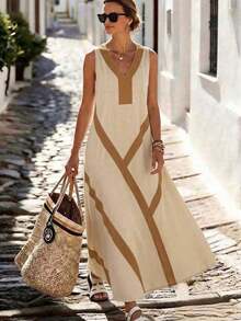 Vestido bohemio nuevo de mujer en color albaricoque y negro con diseño de patchwork, vestido largo y holgado para vacaciones, viajes, tarde de té - Albaricoque - Ver 3
