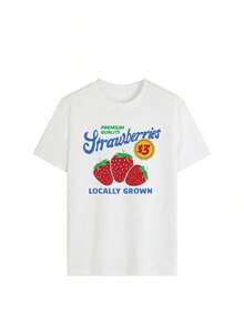 Camisetas Oversized, Camisetas Estampadas, Compra con plazo limitado, Camiseta de manga corta premium para mujer con estampado de fresas, Camiseta oversize con gráfico retro y bonito de productos locales, Top casual con cuello redondo estilo Y2K para uso diario, mercado de agricultores, salida de verano, estilo urbano. HAC1 - Blanco - Ver 2