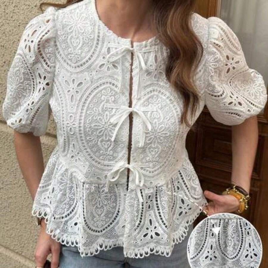 Fengyu Women's Clothing Store Blusa elegante con mangas abullonadas, lazo delantero y bordado, ideal para vacaciones o San Valentín - Blanco - Ver 1