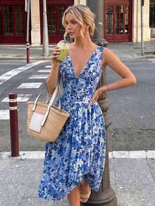 Amore Look For A Wedding Guest: Long Blue Dress With Floral Print, V-Neck, Sleeveless, High Waist And A-Line Silhouette, Perfect For Graduations, Parties, Summer Holidays Or An Elegant Afternoon Tea - 鵝黃色 - 查看 5