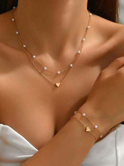 Set de 2 piezas de brazalete y collar de doble capa con perlas falsas en estilo vintage y versátil, adecuado para mujeres en fiestas, regalo para otoño/invierno (cadena hecha a mano, cantidad aleatoria de perlas falsas, evitar el contacto con el agua)