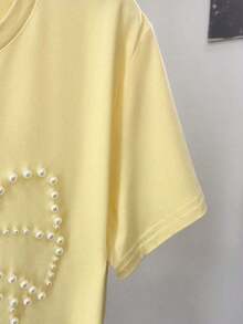 Camiseta casual de mujer con cuello redondo, manga corta y decoración de lazo de perlas falsas - Amarillo - Ver 5