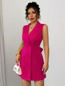 Nuevo vestido mini de mujer con diseño de lazo, de cuello de solapa, doble botonadura, escote en V profundo, sin mangas, ajustado, versátil para fiesta, cita, joven, elegante, pequeña y sexy - Rosa Fucsia - Ver 6